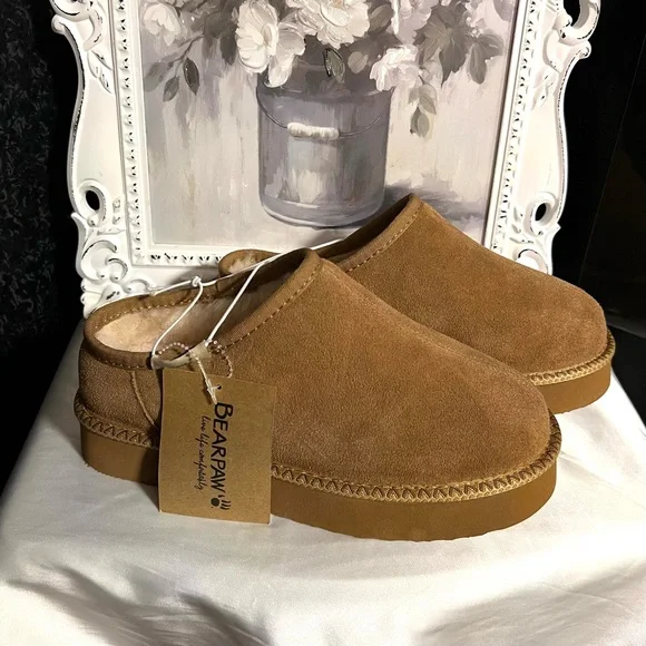 🤎BEARPAW WOMENS CAROLINE GENUINE SUEDE PLATFORM SHEARLING SLIPPERS/SLIDES-SZ 10🤎 - Picture 4 of 11